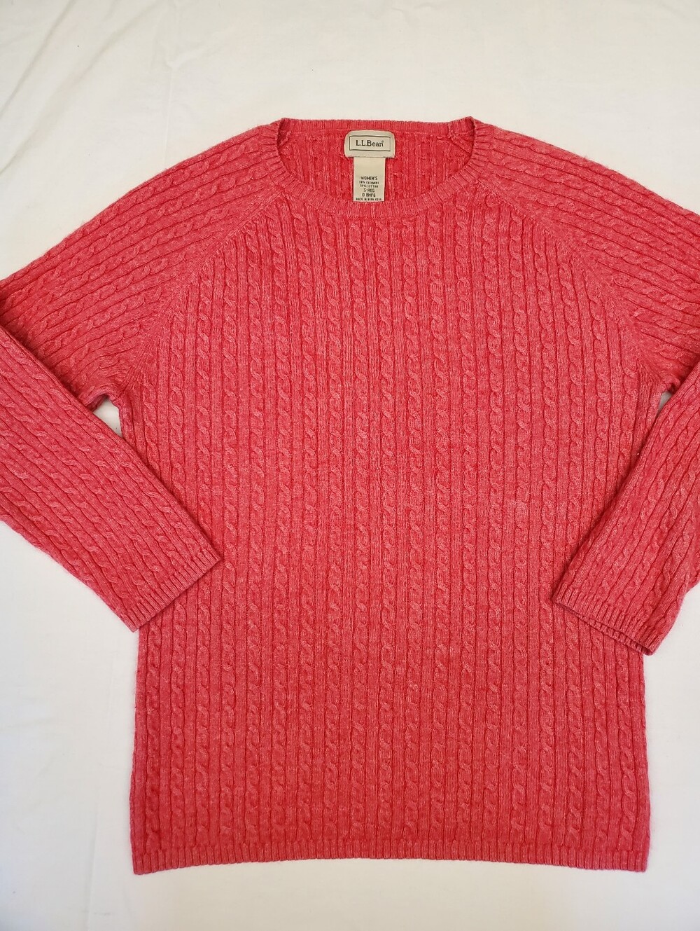 LL Bean Womens Sweater S Coral Cable Knit 50% Cashmere Cotton Crewneck